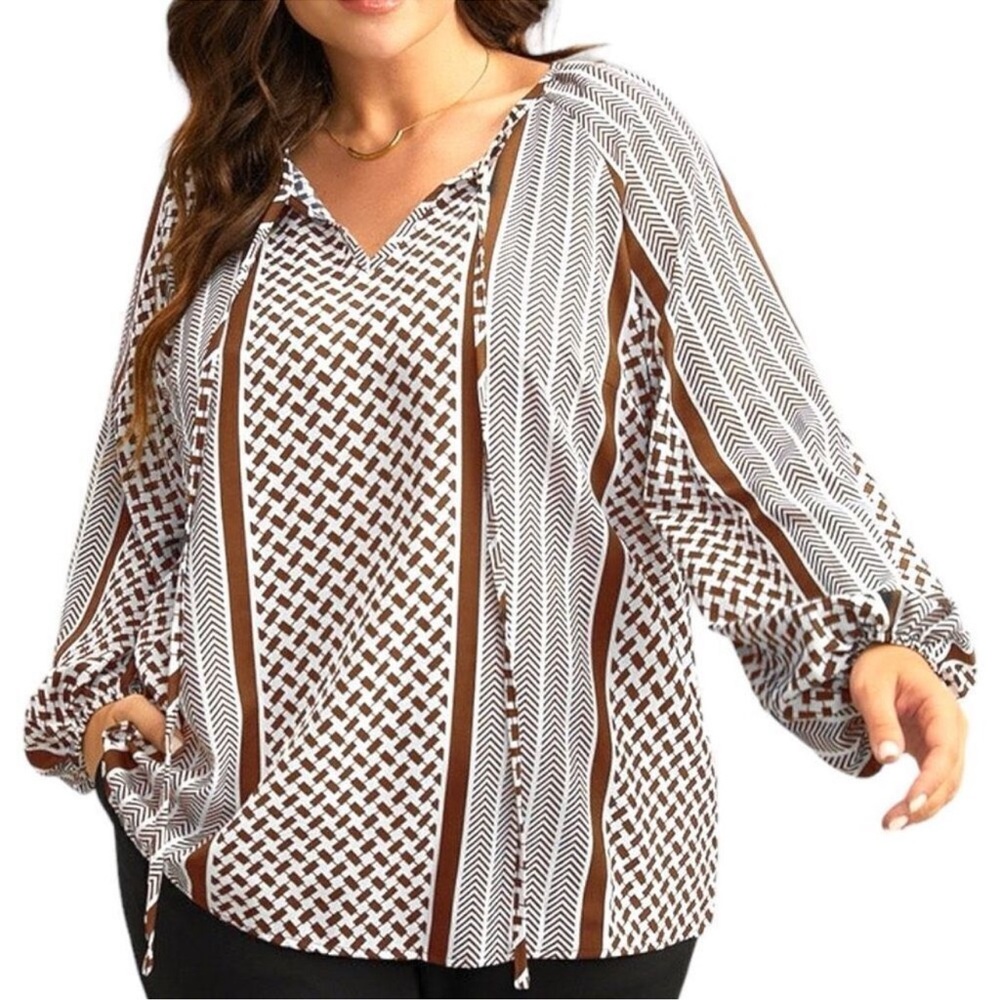 NWT:  Bloomchic Geo Striped Tie Lantern Sleeve Blouse L